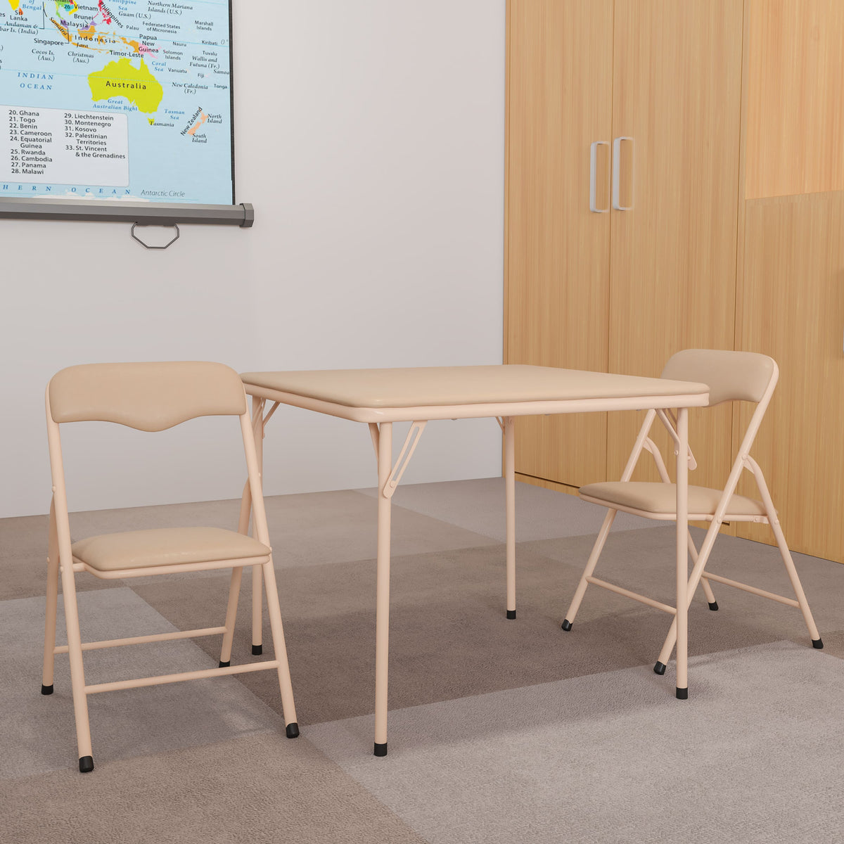 Emma + Oliver - Kids 3 Piece Folding Table and Chair Set - Kids Activity Table Set - Tan