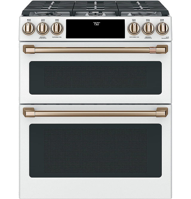 Front. Café - 6.7 Cu. Ft. Slide-In Double Oven Gas True Convection Range with Built-In WiFi, Customizable - Matte White.