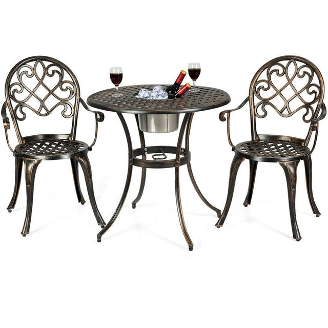 Front. Costway - Costway 3PCS Patio Dining Set  Aluminum  Bistro Attached Removable Ice Bucket - Bronze.