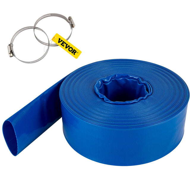 Front. VEVOR - Discharge Hose, 1-1/2" x 100', PVC Fabric Lay Flat Hose, Heavy Duty Backwash Drain Hose with Clamps, Weather-proof - Blue.