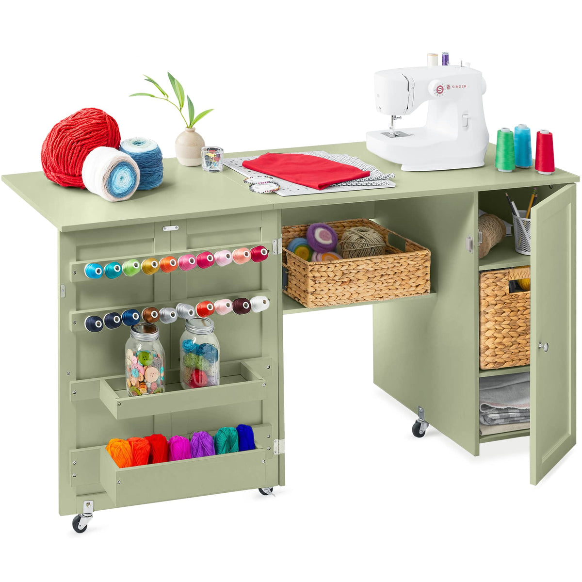Best Choice Products - Large Portable Multipurpose Folding Sewing Table w/ Magnetic Doors, Craft Storage - Light Green