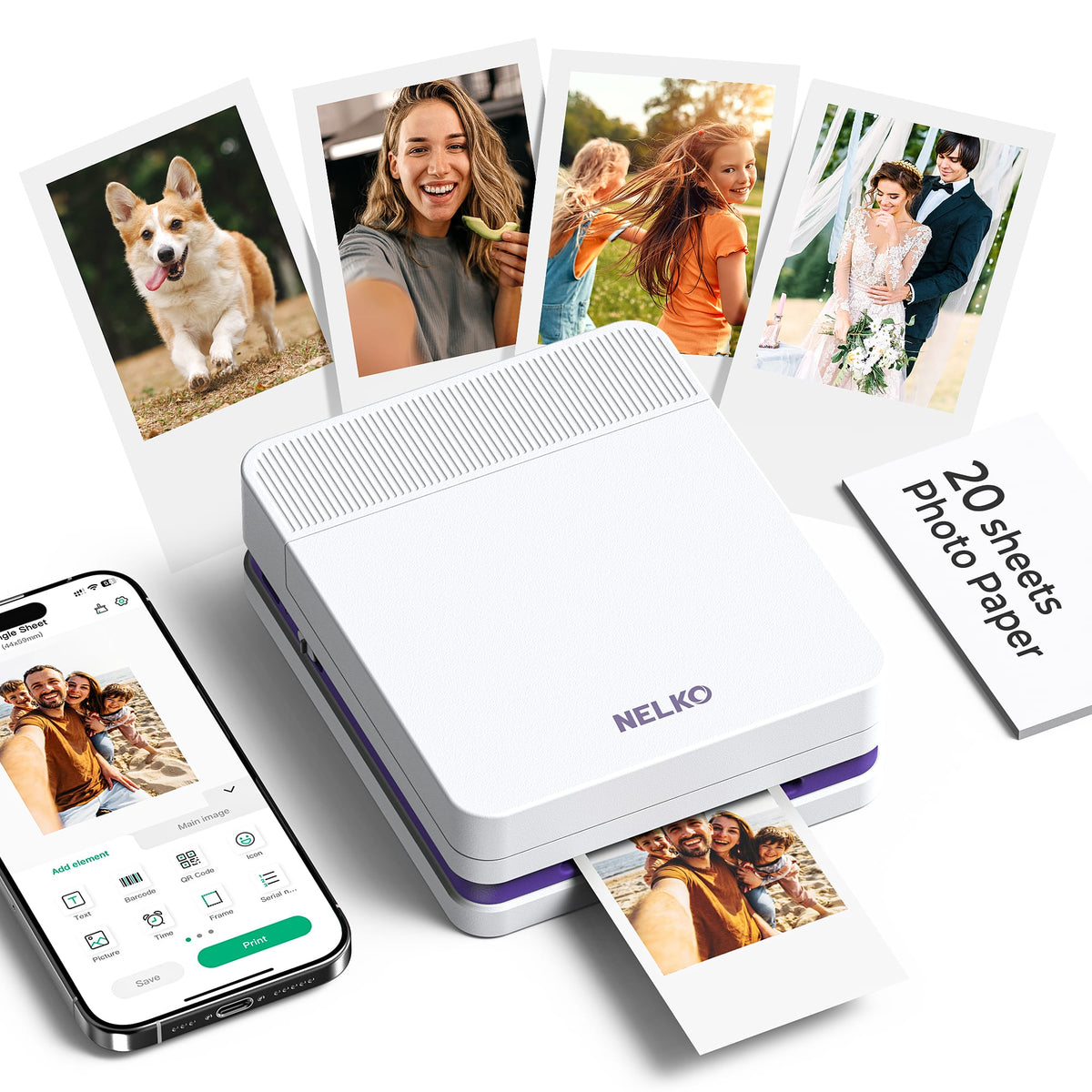 Nelko - PP03 Portable Bluetooth Photo Printer for iPhone & Android with USB-C - White