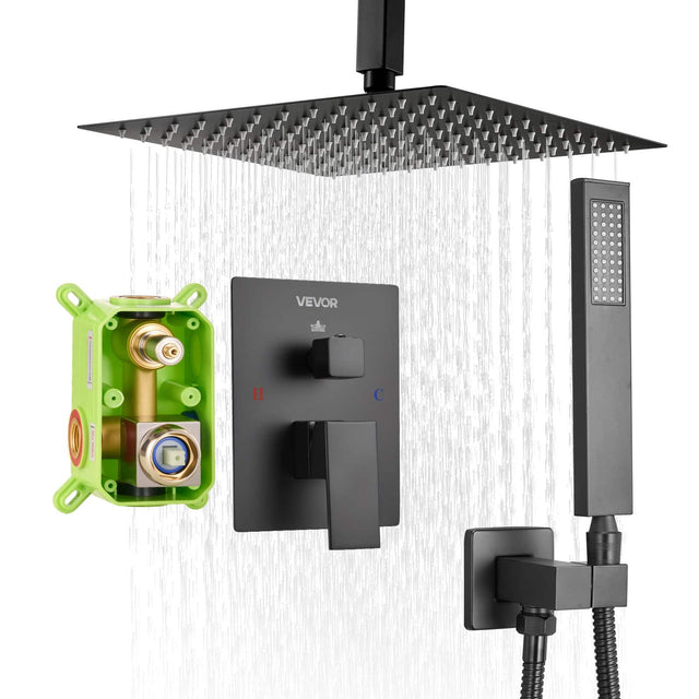 Front. VEVOR - Shower Faucet Set, Rainfall Bathroom Shower System with 10-Inch Square Rain Shower Head and Handheld Spray - Matte Black.