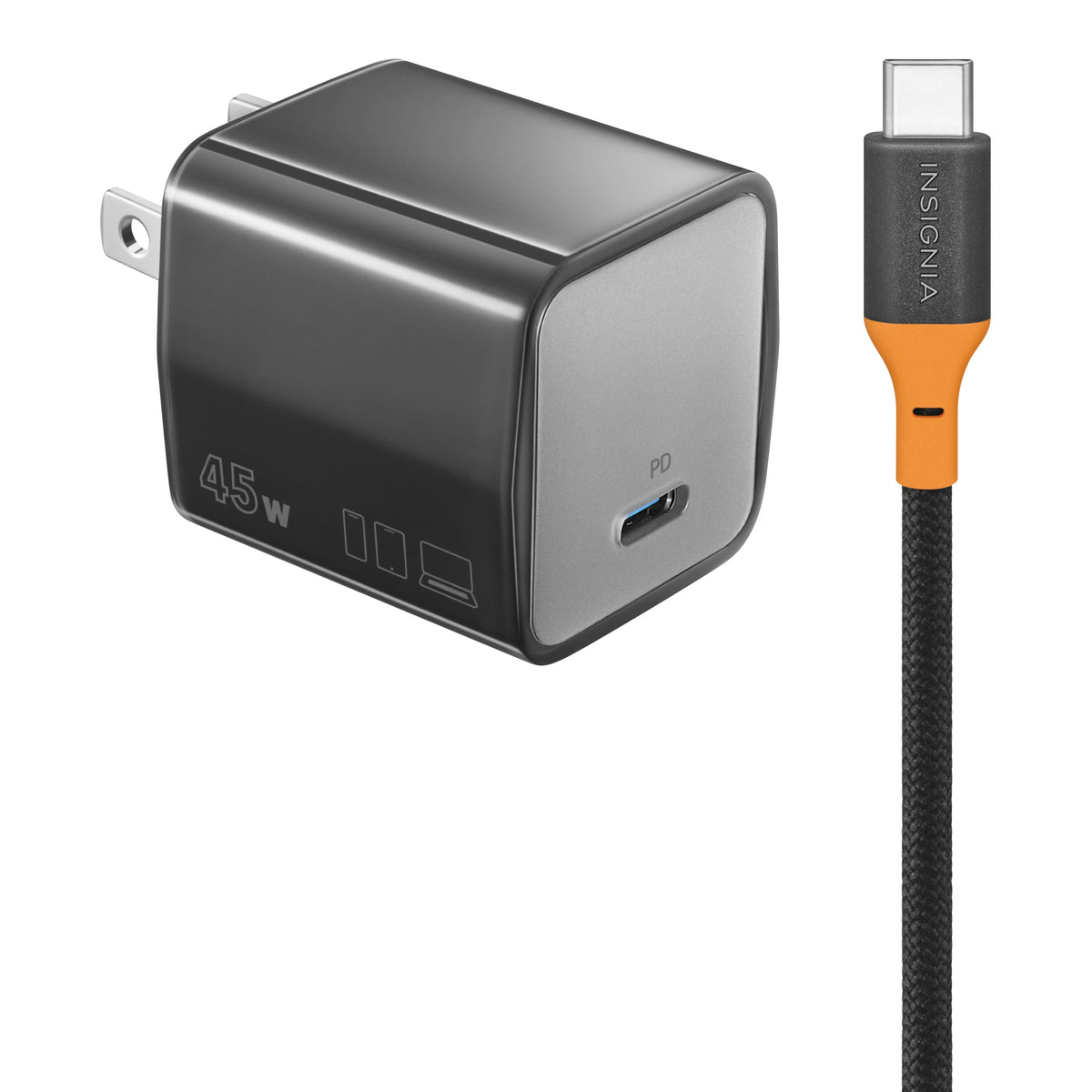 Insignia™ - 45W Compact Wall Charging Kit with 240W Cable for USB-C Smartphones, Tablets and More - Dark Gray