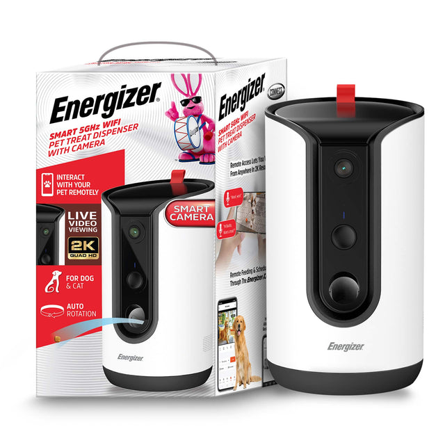 Energizer Smart 5GHz WiFi Pet Treat Dispenser with Camera

- Interact with your pet remotely
- Live video viewing 2K Quad HD
- Smart camera
- For dog & cat
- Auto rotation
- Remote access lets you interact with your pet remotely from anywhere in 2K resolution
- Remote feeding & schedule through the Energizer app