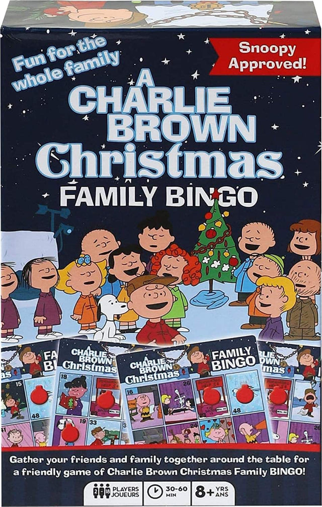 Fun for the whole family  
Snoopy Approved!  

A CHARLIE BROWN Christmas FAMILY BINGO  

Gather your friends and family together around the table for a friendly game of Charlie Brown Christmas Family BINGO!  

18 PLAYERS  
30-60 MIN  
8+ ANS  

2 JOUEURS MIN  
30-60 MIN  
8+ ANS