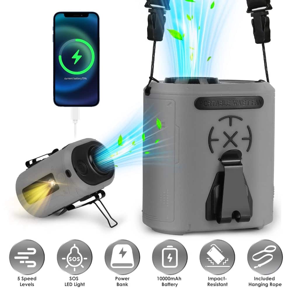 Loheer - 10000mAh Portable Waist Clip Fan Wearable Belt Fan with LED Flashlight for Job Site Camping