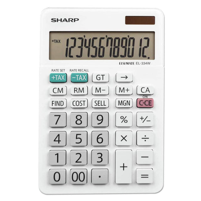 SHARP  
ELSIMATE EL-334W  

+TAX 1234567890.12  

RATE SET RATE RECALL  
+TAX -TAX GT  
CM RM M- M+ CA  
FIND COST SELL MGN C-CE  
7 8 9 % +/-  
4 5 6 × ÷  
1 2 3 -  
0 00 . + =