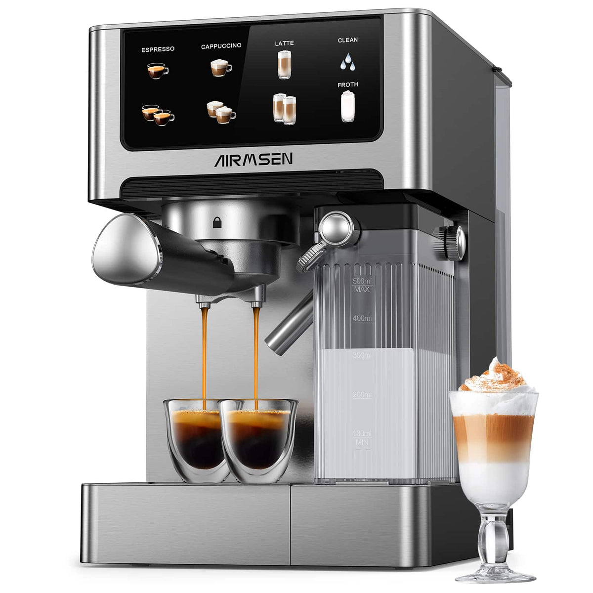 AIRMSEN - 20 Bar Espresso Machine with Automatic Milk Frother, Dual Boiler Cappuccino Latte Maker - Stainless Steel