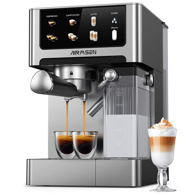 ESPRESSO  
CAPPUCCINO  
LATTE  
CLEAN  
FROTH  

AIRMSMEN  

500ml MAX  
400ml  
300ml  
200ml  
100ml MIN