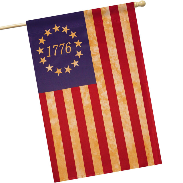 Front. G128 - Betsy Ross 1776 Tea-Stained House Flag, 28 x 40 in Double-Sided Fabric - Red, Blue, Yellow.