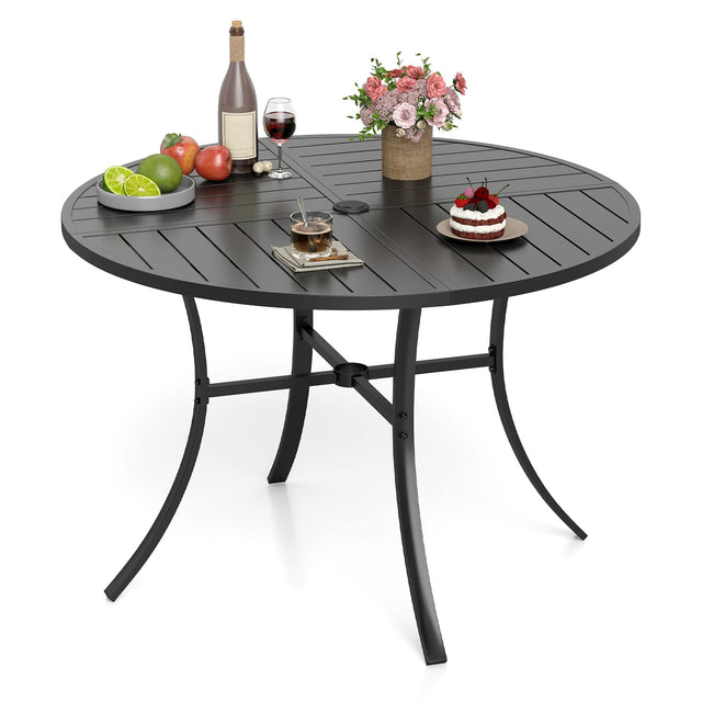 Front. Gymax - Gymax Patio Dining Table 42.5'' Round Metal Slat Table w/ Umbrella Hole Outdoor - Black.
