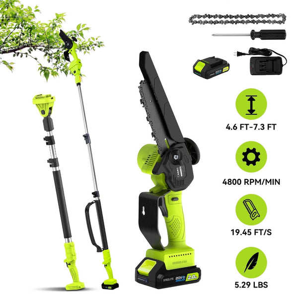 Steelite - 2-in-1 Cordless Pole Saw & 6" Electric Mini Chainsaw,21V 2.0 Ah Battery Powered Brushless Pole Chainsaw