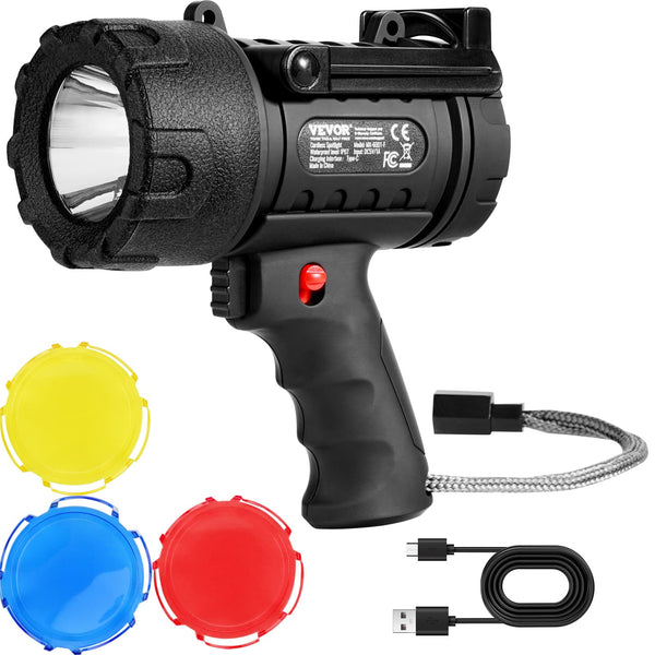 VEVOR - Rechargeable Spotlight Flashlight, 200,000 Lumens, IP67 Waterproof Handheld LED Spot Light, with 4 Modes USB Port - Black