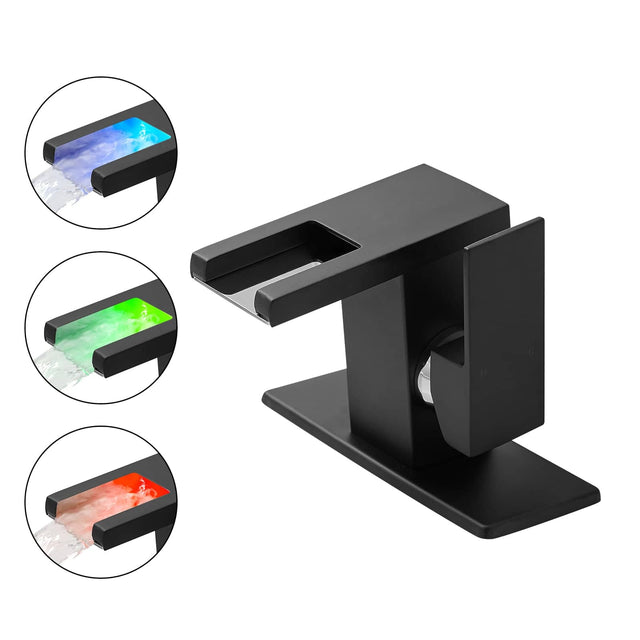 Front. Boyel Living - Single Handle Single Hole Bathroom Faucet Matte Black with Deck Plate LED Temperature Sensor Waterfall Spout - Matte Black.