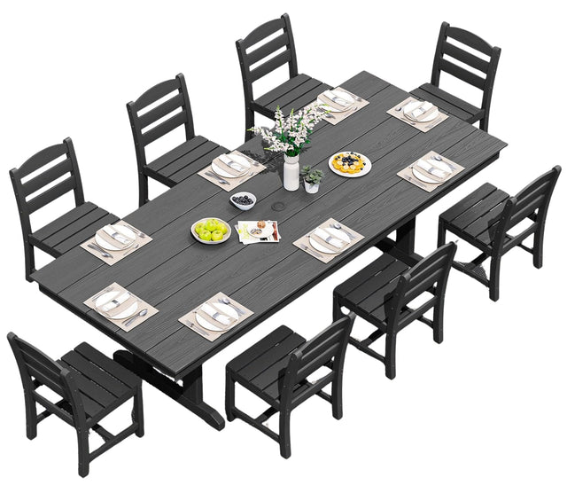 Front. SERWALL - 9 Piece 84" HDPE Outdoor Dining Set for 8 with Armless Chairs and Umbrelle Hole - Black.