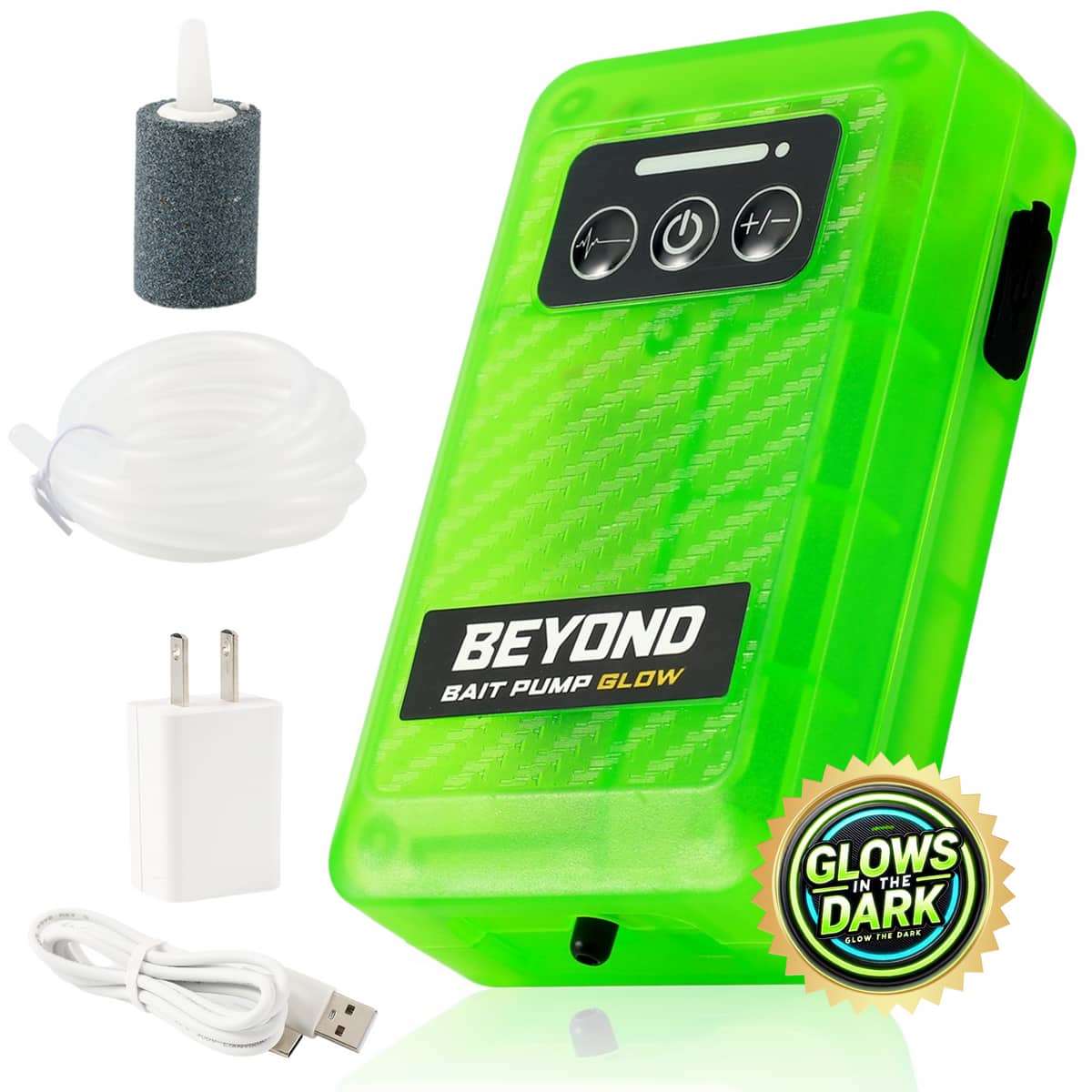 Beyond Braid - Rechargeable Bait Pump Aerator, Portable Glow-in-the-Dark Bubbler, 4-Speed, XL Air Stone, Water-Resistant - Green