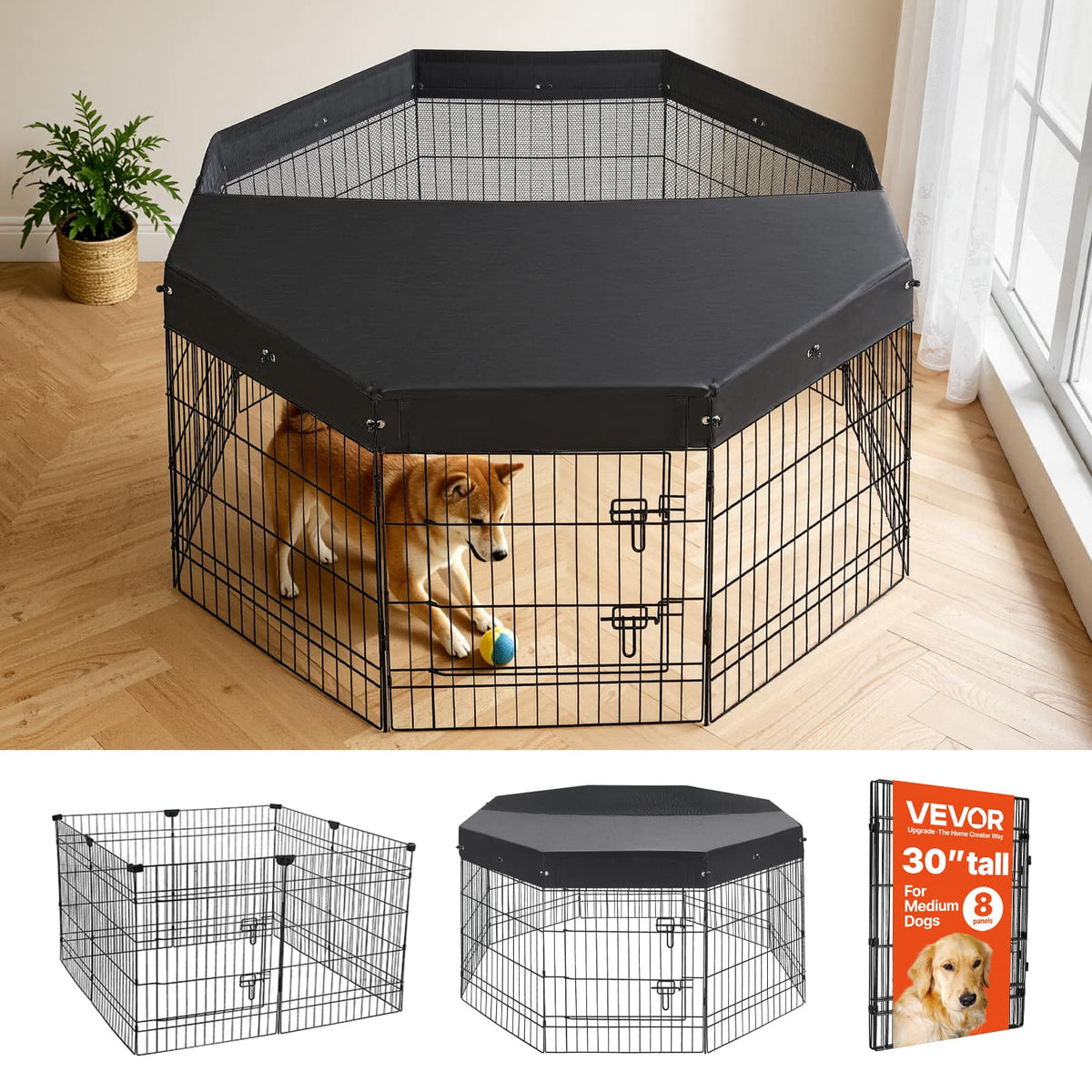 VEVOR - Dog Playpen 30 Inch 8 Panels Foldable Exercise Pen with Top Cover, Indoor Metal Pet Fence with Door - Black