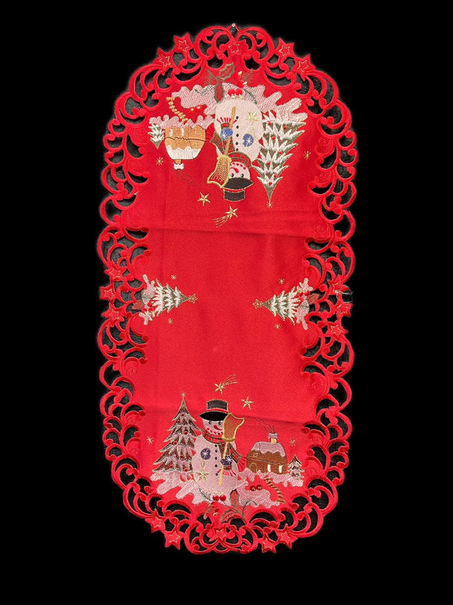 Front. Jiallo - Snow Man Embroidered Cutwork Rectangular Table Runner, 15 by 43 inch Table Linen - Red.
