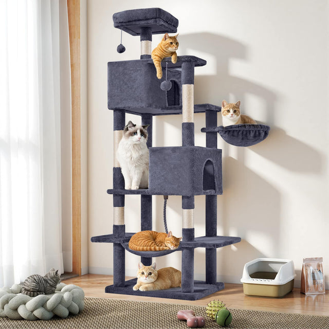 Front. Bestier - 66-in Cat Tree Tower, Large Multi-Cat Climbing, Extended Platform, Hammock, Pet House for Indoor Cats and Kittens Play - Dark Grey.