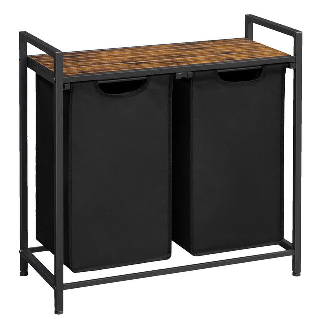 Front. Songmics Home - Laundry Hamper, Laundry Basket, Laundry Sorter with 2 Pull-Out and Removable Bags, Shelf,2 x 12.1Gallons (46L) - Rustic Brown and Black.