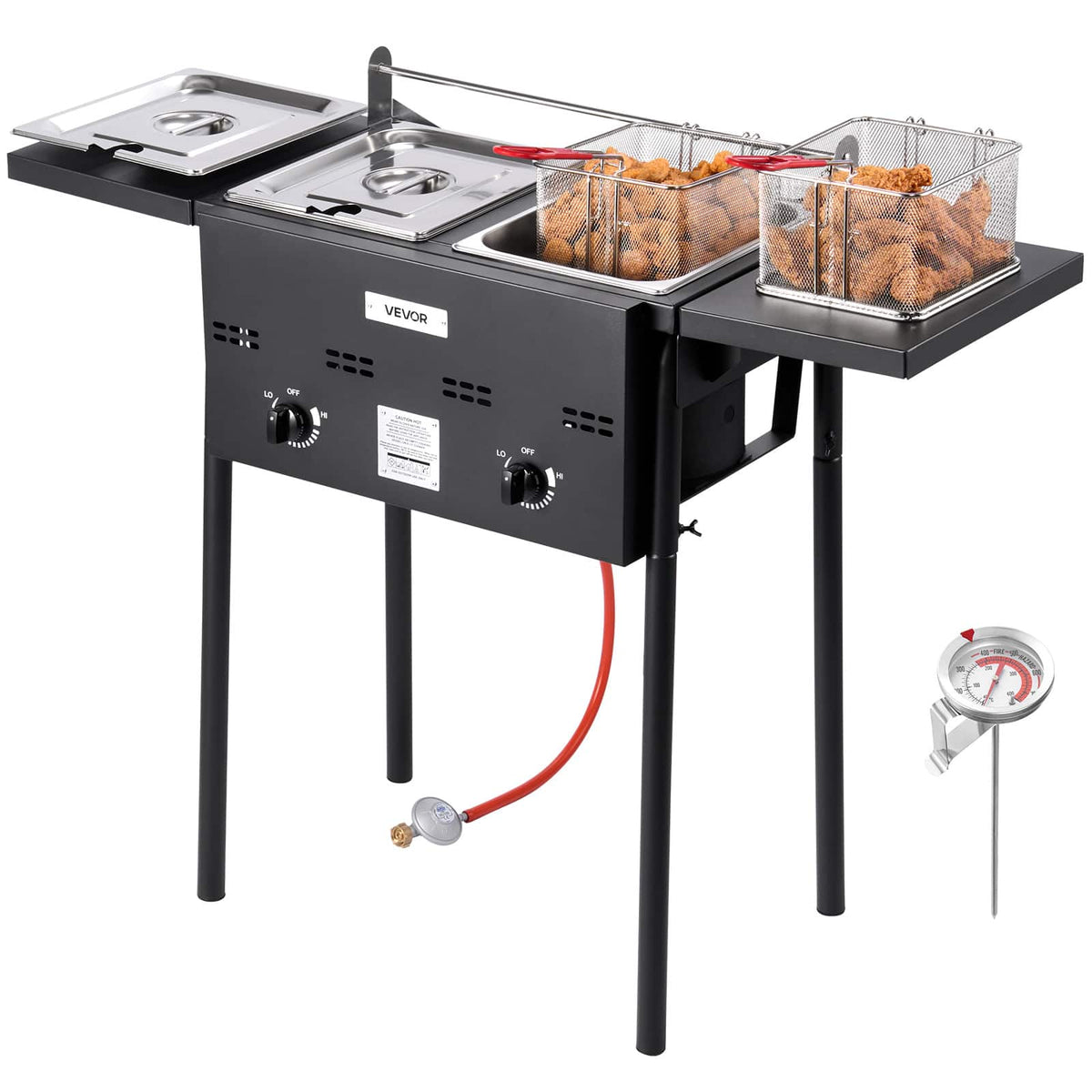 VEVOR - Outdoor Propane Deep Fryer, Dual-Tank 8QTx2 Commercial Fryer, Stainless Steel Cooker with Foldable Platform, Dual Basket - Black