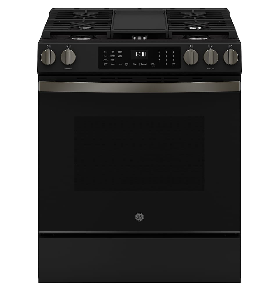 GE - 30 in. Wide 5 Burners 5.3 Cu. Ft. Slide-In Gas Convection Range with Steam Cleaning and EasyWash Tray - Black Slate