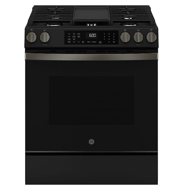Front. GE - 5.3 Cu. Ft. Slide-In Gas Convection Range with Steam Cleaning and EasyWash Tray - Black Slate.