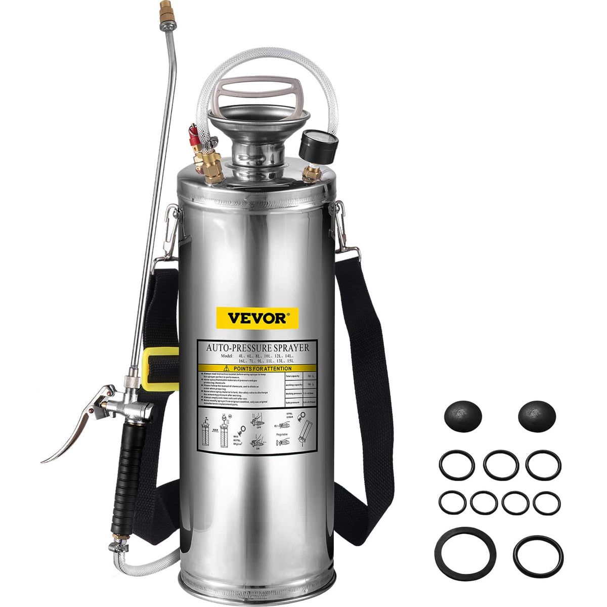 VEVOR - 3 Gallon Stainless Steel Sprayer, 20" Wand & 3FT Reinforced Hose, Hand Pump Sprayer with Pressure Gauge - White