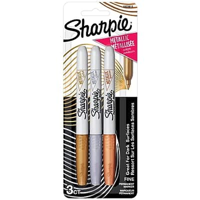 Sharpie METALLIC  
METALLISÉE  
Great for Dark Surfaces  
Les Surfaces Sombres  
Great for Dark Surfaces  
Les Surfaces Sombres  
FINE  
PERMANENT MARKER  
MARQUEUR PERMANENT  
3 CT  
3 CT