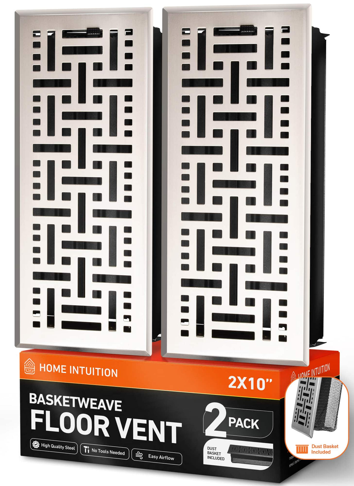Home Intuition - Basketweave Floor Vent Covers 2X10 Inch with Mesh Cover, Heat and Air for HVAC, 2-Pack - Satin Nickel