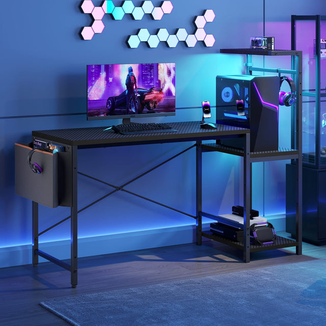 Front. RSPGAME - 51.3'' Gaming Desk with LED & Storage Drawer Ergonomic Computer Desk Headphone Hook, PC Gaming Desk for Home Office - Black.