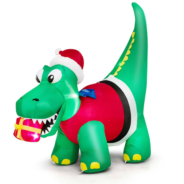 Front. Costway - 6FT Inflatable Christmas Dinosaur with LED Lights Gift Box & Blower Party Yard - Multicolor.