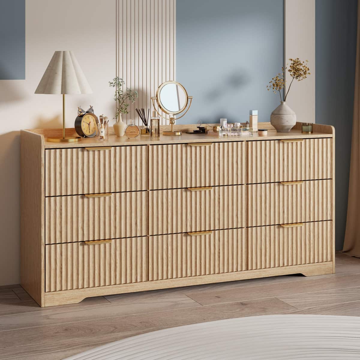 Furnulem - 9 drawer Dresser Wood Wide Chest Of Drawers With Metal Handle - Gold