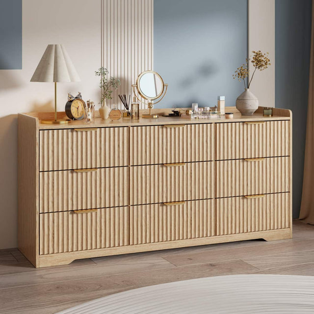 Front. Furnulem - 9 drawer Dresser Wood Wide Chest Of Drawers With Metal Handle - Gold.