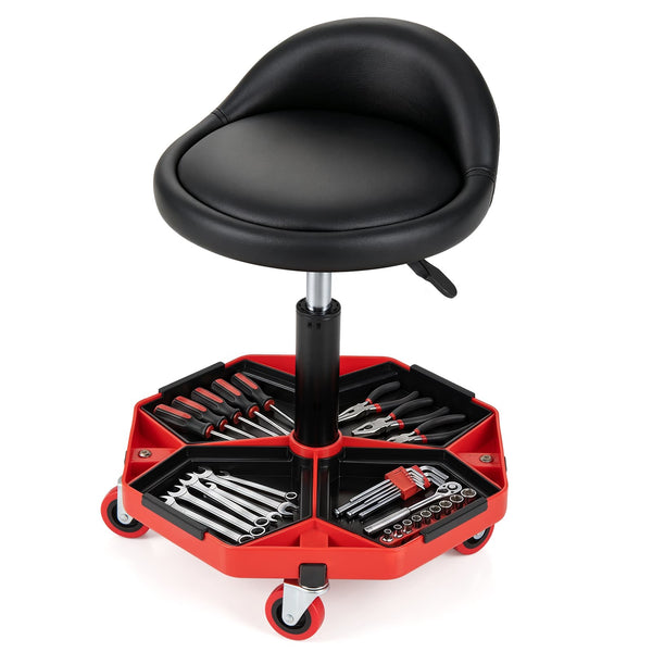 Costway - Rolling Mechanic Stool with Tool Storage Tray, Backrest, PU Leather Seat Cushion - Black & Red