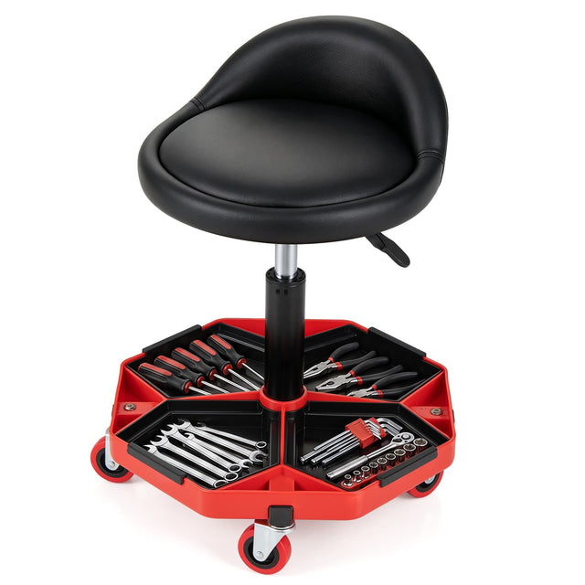 Front. Costway - Costway Rolling Mechanic Stool with Tool Storage Tray, Backrest, PU Leather Seat Cushion - Black & Red.