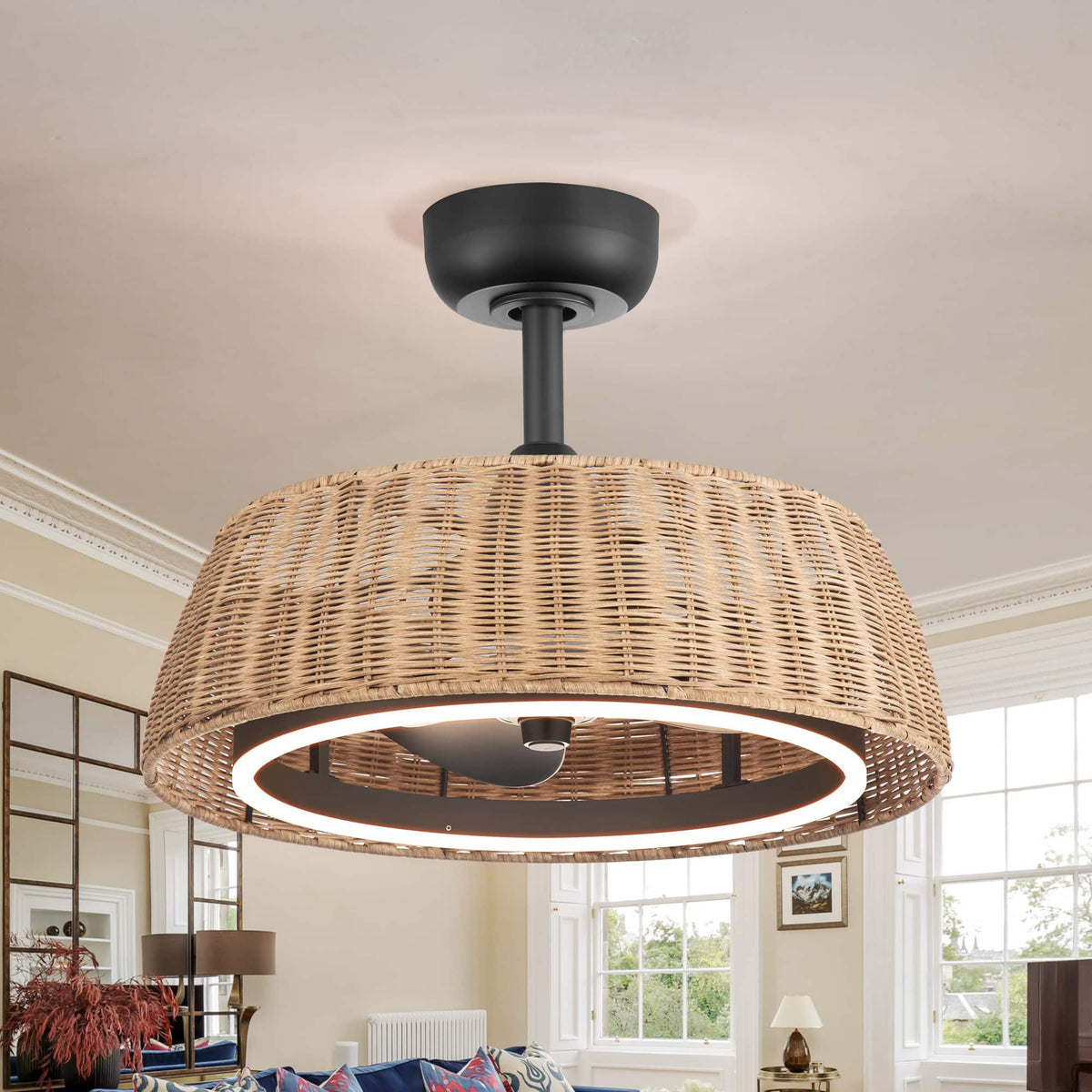 Breezary - 20-Inch Cage Ceiling Fan with Light Kit, 3 ABS Blades, 6" Downrod, DC Motor, 6-Speed Remote Control with Timer - Matte Black