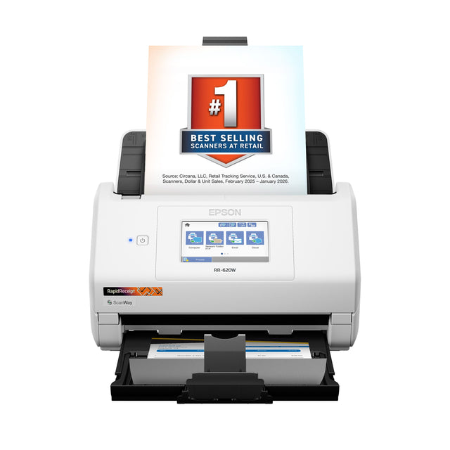 #1 BEST SELLING SCANNERS AT RETAIL  
Source: Circana, LLC. Retail Tracking Service. U.S. & Canada. Scanners, Dollar & Unit Sales, February 2025 – January 2026.  

EPSON  
RR-620W  

RapidReceipt  
ScanWay