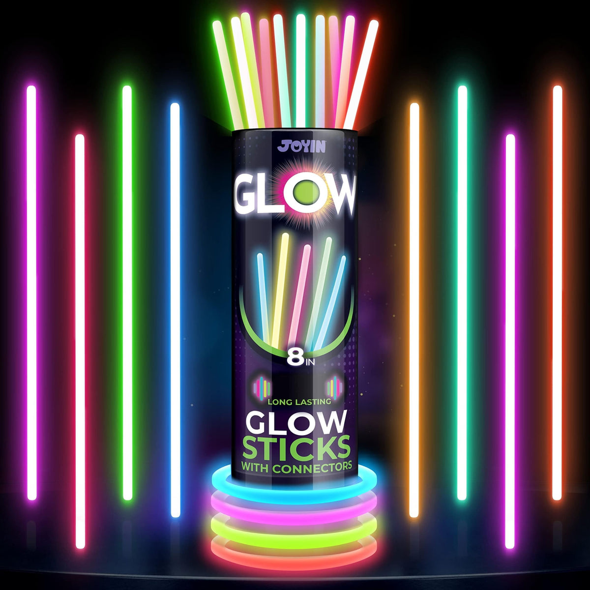 Joyfy - 144 Pcs 8" Glow sticks Bulk Pack, Neon Glow in the Dark Party Supplies, Light Up Necklaces and Bracelets, Party Favors - Multicolor