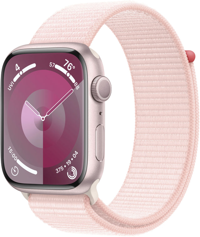 Front. Apple - Apple Watch Series 9 GPS 45mm Aluminum Case with Light Pink Sport Loop - Pink.