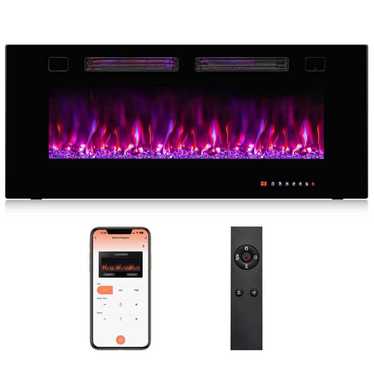 Costway - 42 Inches Ultra-Thin Electric Fireplace Wall-Mounted & Recessed Fireplace Heater - Black