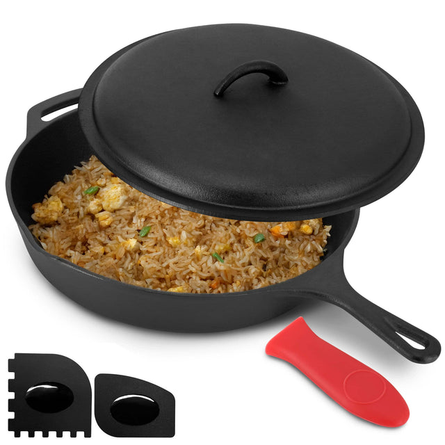 Front. MegaChef - MegaChef 12 Inch Pre-Seasoned Cast Iron Skillet with Cast Iron Lid - Black.