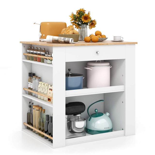 Front. Gymax - Gymax Kitchen Island w/Storage Rubber Wood Countertop 2-Door Cabinet Drawer Sideboard - White & Natural.