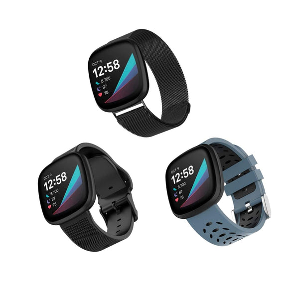 WITHit - Fitbit Versa 3, Versa 4, Sense & Sense 2 Band Kit 3-Pack - Black Mesh/Bluestone Sport/ Black Woven Silicone