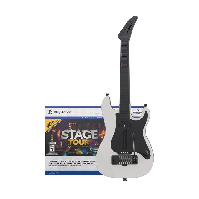 KRAMER  
PlayStation GAME BUNDLE  
90+ SHUS SONES STAGE TOUR 11% CHICKEN T LSAD  
Order State - BASE - - -  
redoctane gimo  
KRAMER GUITAR CONTROLLER AND GAME ENSEMBLE  
JEU ET CONTRÔLEUR GUITARE KRA  
BRUSS SUTAR CONTROLLER - SAND R POUR GUITARE  
For / Pour PSS'