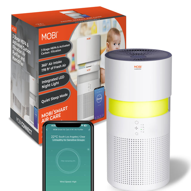 A 3 Stage HEPA & Activated Carbon Filtration Purifier and Air Intake 360° Air Intake 178 ft² of Fresh Air Integrated LED Night Light Quiet Sleep Mode MOBI SMART AIR CARE M5S 4:25 MOBI CONNECT MOBI Smart Air Care 4 IN 1 Air Purifier 22°C South Los Angeles / Clear Unhealthy for Sensitive Groups MOBI - Filter remaining 0% Wind Speed: High
