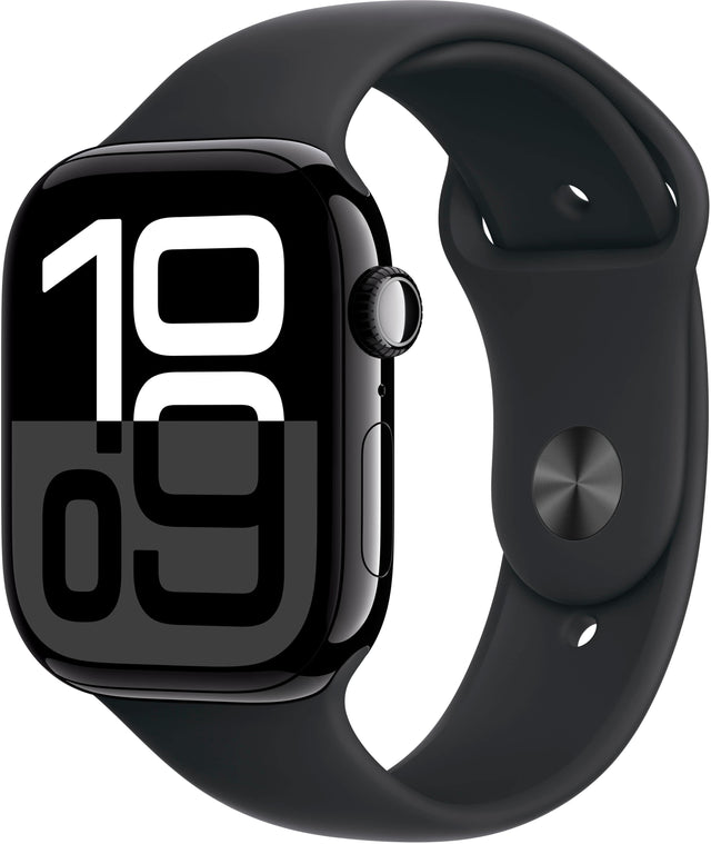 Angle. Apple - Apple Watch Series 10 (GPS+Cellular) 46mm Aluminum Case with Black Sport Band - S/M - Jet Black.