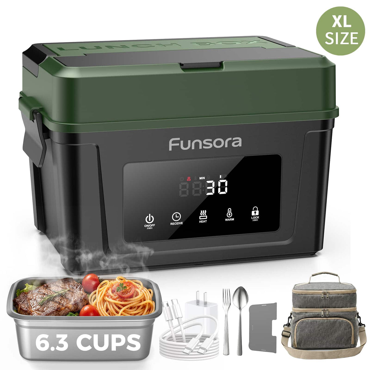 Teendow - Heated Lunch Box for Men, 6.3 Cups Electric Lunch Box, 60W Cordless Portable Food Warmer - Green
