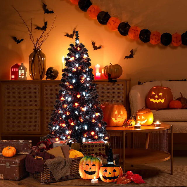 Front. Gymax - Gymax 4.5 FT Pre-Lit Artificial Halloween Christmas Tree w/ 6 Lighting Modes - Black.
